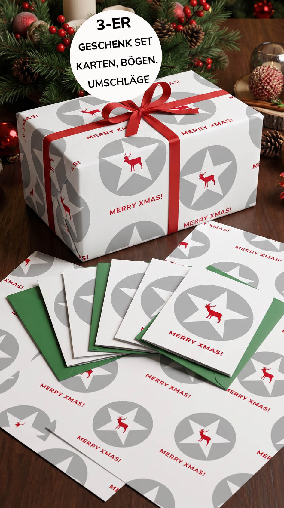 Klassisches Geschenkpapier Weihnachten 3er Set Merry XMAS, Geschenkverpackung DIN A2, Weihnachtskarte inkl. Umschlägen